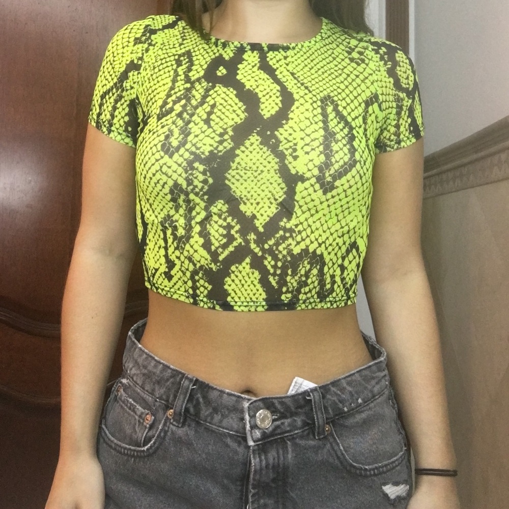 neon mesh snakeskin crop top